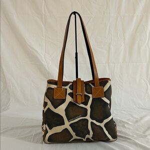 VTG DOONEY AND BOURKE GIRAFFE ANIMAL PRINT CANVAS/LEATHER TOTE SHOULDER BAG